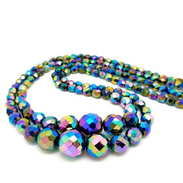 2 strand necklace and matching bracelet with black faceted aurora borealis glass beads