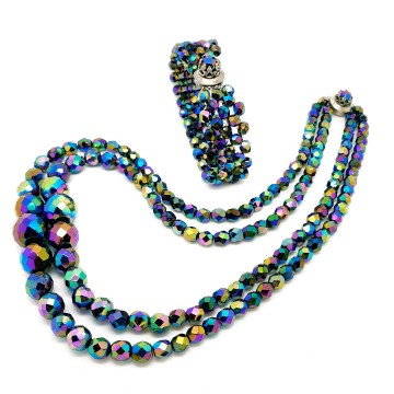 2 strand necklace and matching bracelet with black faceted aurora borealis glass beads