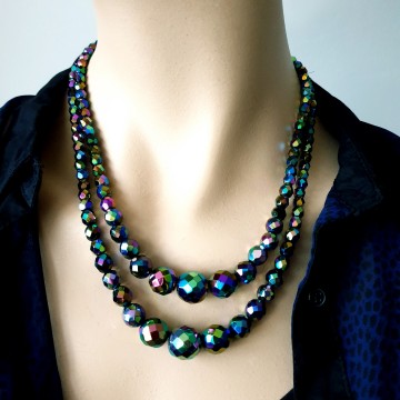 2 strand necklace and matching bracelet with black faceted aurora borealis glass beads