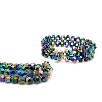 2 strand necklace and matching bracelet with black faceted aurora borealis glass beads