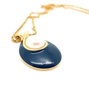 Monet long goldtone necklace with dark blue enamel pendant and faux center pearl