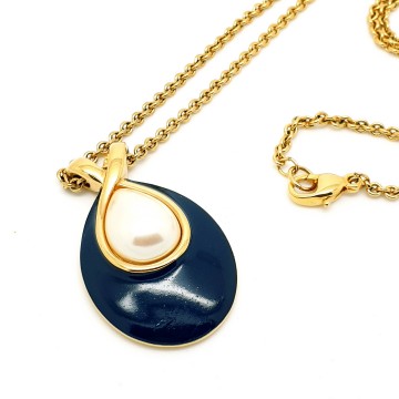 Monet long goldtone necklace with dark blue enamel pendant and faux center pearl