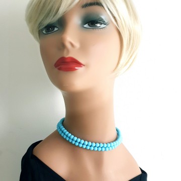 Short double row antique necklace with baby blue glass beads - Bliinkt