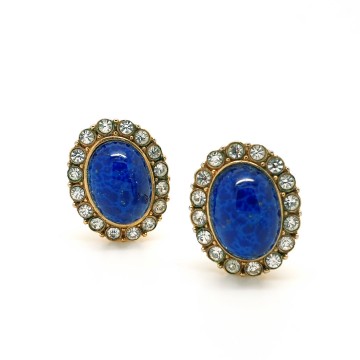 Attwood & Sawyer, A&S - goldtone earrings with lapis blue stone and clear rhinestones - Bliinkt