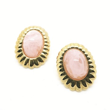 Avon - oval goldtone earrings with marbled transparant pink glass cabochon - Bliinkt