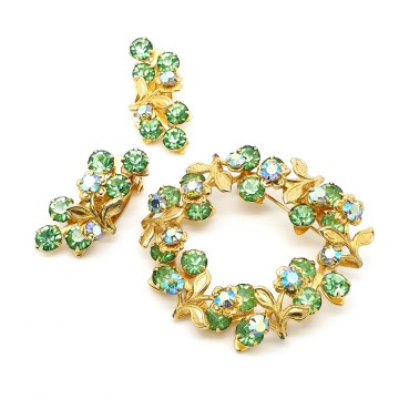 Beaujewels set goldtone leaves with blue and green rhinstones 2