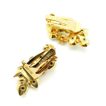 Beaujewels set goldtone leaves with blue and green rhinstones wreath earrings