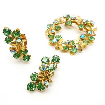 Beaujewels set goldtone leaves with blue and green rhinstones