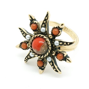 Ring 'Antique Star' by Caroline Emmons with coral red beads red marbled centre stone and faux seed pearls