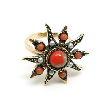 Ring 'Antique Star' by Caroline Emmons with coral red beads red marbled centre stone and faux seed pearls