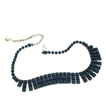 Black short plastic necklace with clear rhinestones