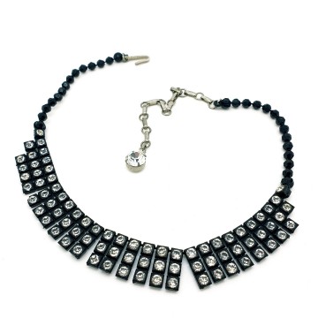 Black short plastic necklace with clear rhinestones