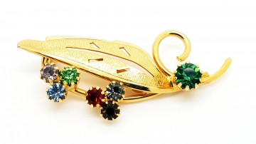 Broche goudkleurig blad met verschillende kleuren strass 60s