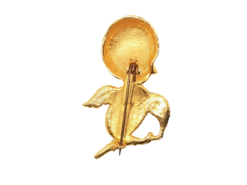 Broche Goudkleurig kuikentje met turquoise 'Jelly Belly' en rood strass oogje. J.Rossi lookalike achterkant