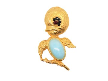 Broche Goudkleurig kuikentje met turquoise 'Jelly Belly' en rood strass oogje. J.Rossi lookalike
