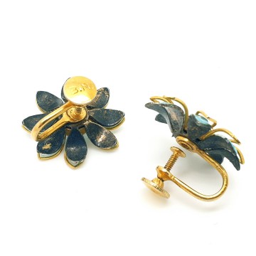 Bugbee & Niles - B.N. - goldtone brooch and earring set with turquoise enamel flowers and blue rhinestone - Bliinkt