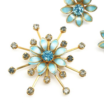 Bugbee & Niles - B.N. - goldtone brooch and earring set with turquoise enamel flowers and blue rhinestone - Bliinkt