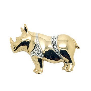 Cabouchon - goldtone rhino brooch with clear rhinestones 90s - Bliinkt