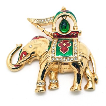 Cabouchon - large elephant brooch with red and green enamel and clear rhinestones - Bliinkt