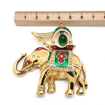 Cabouchon   large elephant brooch with red and green enamel and clear rhinestones size   bliinkt