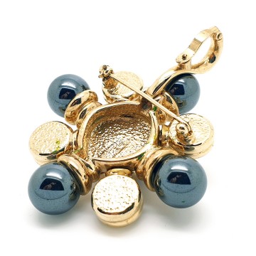 Cabouchon - 90s Maltese cross brooch and pendant with red cabochon, grey pearls and rhinestones - Bliinkt