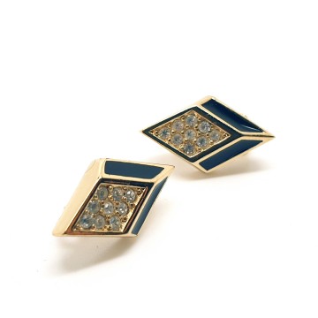 Christian Dior - goldplated salmiak clip earrings with clear rhinestones and black enamel - Bliinkt