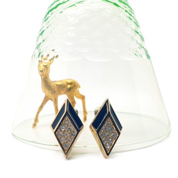 Christian Dior - goldplated salmiak clip earrings with clear rhinestones and black enamel - Bliinkt