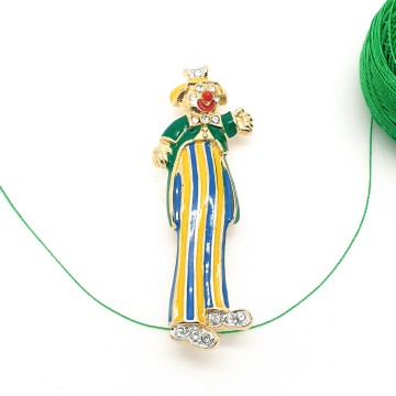 Ciro - clown brooch with yellow blue enamelled pants, green coat and clear rhinestones - Bliinkt