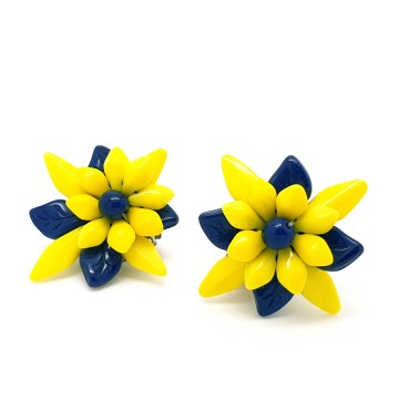 Donkerblauw en knalgele glaskralen - 50s clips - Bliinkt