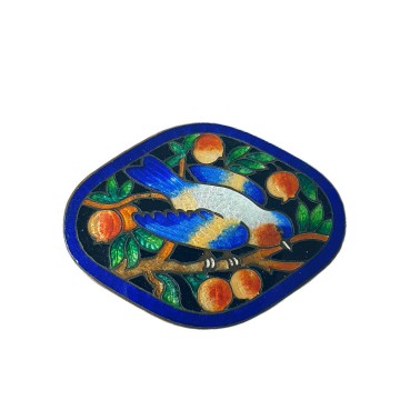 Cloissoné brooch with bird on a berry branch - Bliinkt