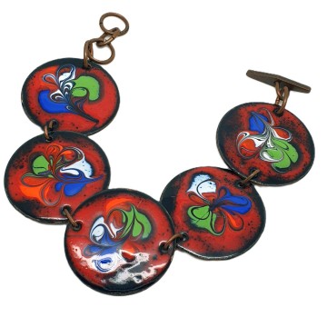Colourful enamelled copper disk link bracelet with toggle closure - Bliinkt