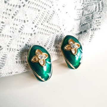 Goldtone green enamelled  earrings with rhinestone - Bliinkt