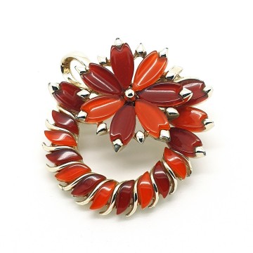 Coro thermoset red orange brown round leaf brooch back - Bliinkt
