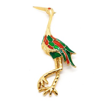 Cranebird brooch goldtone with red and green enamel feathers