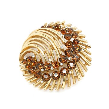 Crown Trifari goldtone brooch with brown rhinestones
