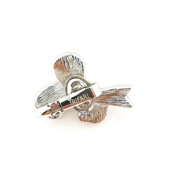 Crown trifari brushed silvertone bow earrings with clear rhinestones