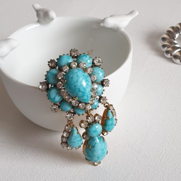 Turquoise dangle brooch with clear rhinestones