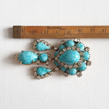 Turquoise dangle brooch with clear rhinestones