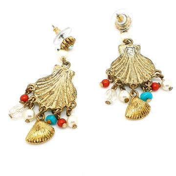 Dangling goldtone sea shell post earrings