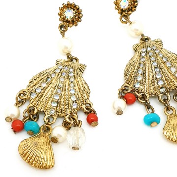 Dangling goldtone sea shell post earrings