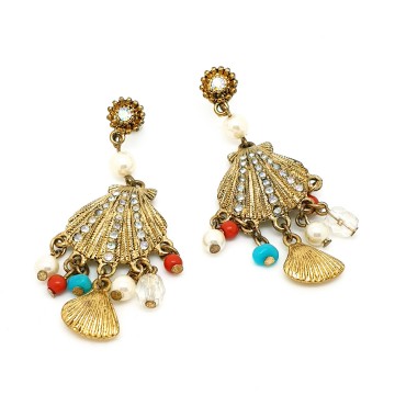 Dangling goldtone sea shell post earrings