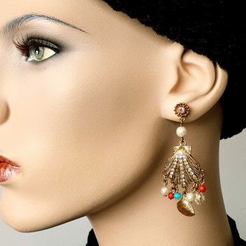 Dangling goldtone sea shell post earrings