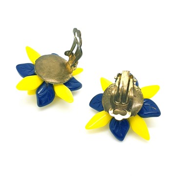 Donkerblauw en knalgele glaskralen - 50s clips - Bliinkt