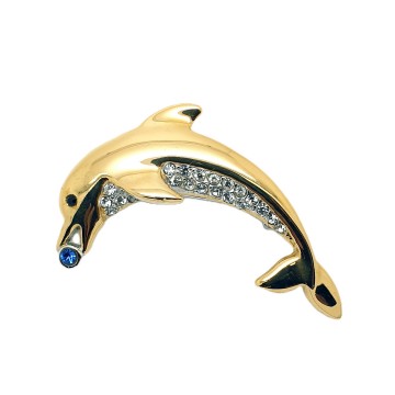 Dolphin brooch with clear rhinestone belly and blue ball - Bliinkt