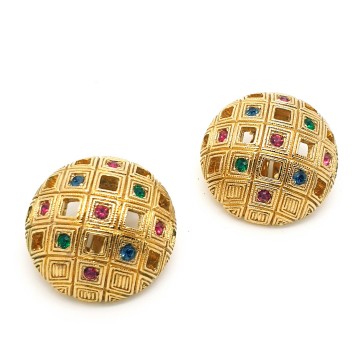 D'Orlan - goldtone domed clip earrings with green blue and schiaparelli pink rhinestones - Bliinkt