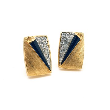 Elegant goldtone rectangular earrings with black enamel and clear rhinestones - Bliinkt