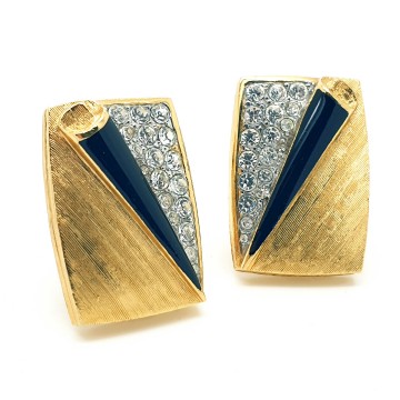 Elegant goldtone rectangular earrings with black enamel and clear rhinestones - Bliinkt