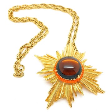 Florenza - goldtone sunburst pendant with brown cabochon and orange seed beads - Bliinkt