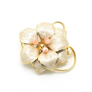 Marbled ivory enamelled flower brooch with pink beads - Bliinkt