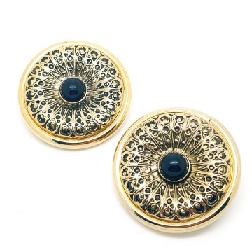 Huge round lightweight goldtone earrings with black cabochon - Bliinkt